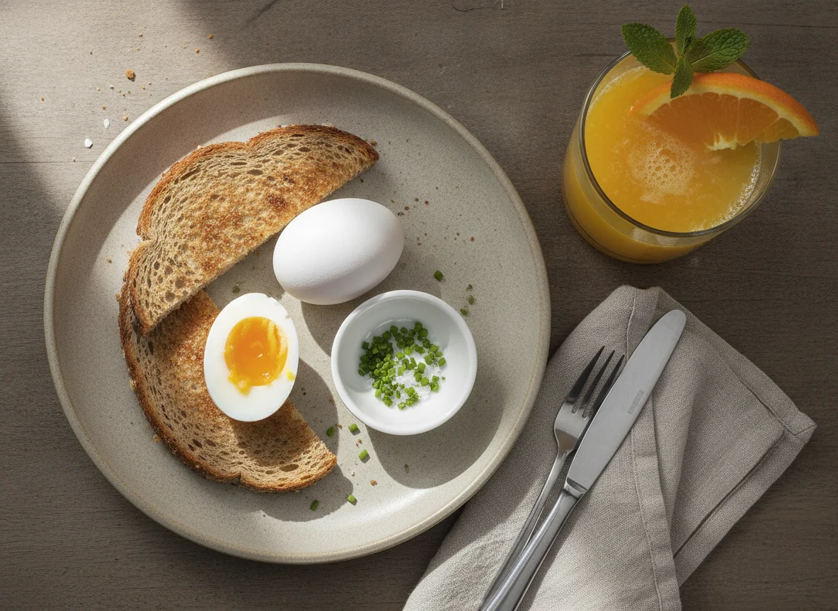 Boiled eggs with toast and orange juice photo