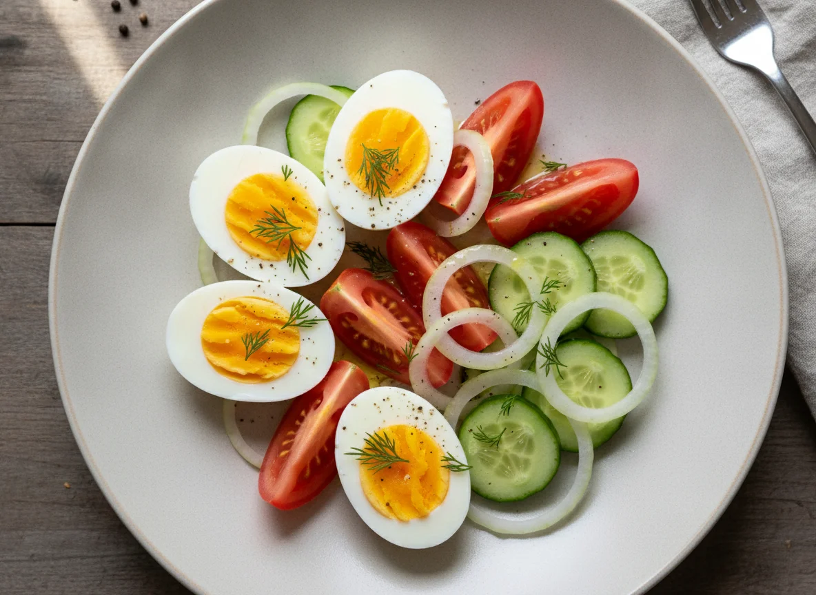 Boiled eggs with tomato and cucumber salad photo