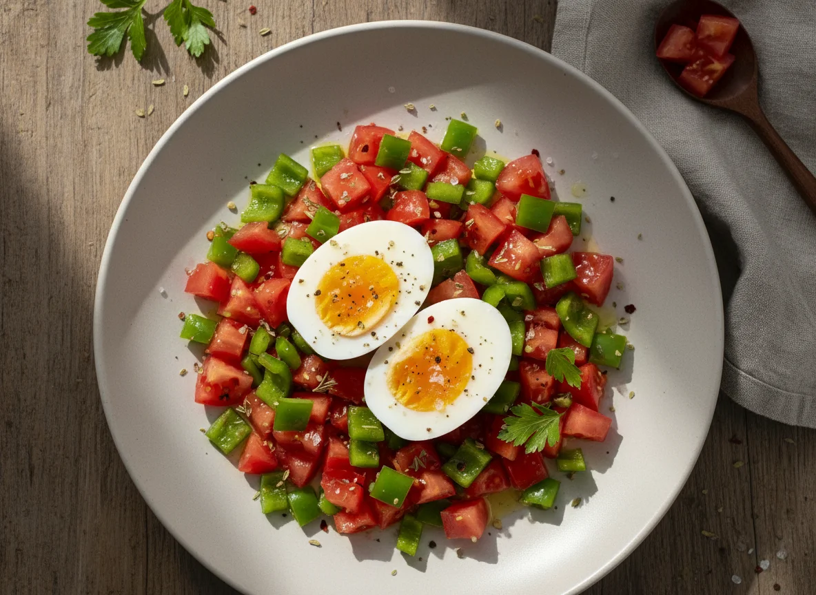 Boiled Eggs with Tomato and Pepper Salad photo