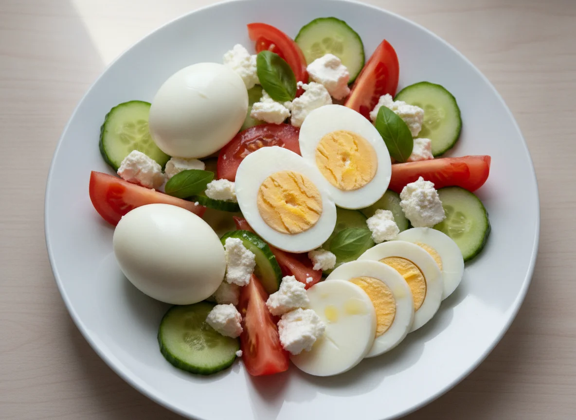 Boiled eggs with tomato, cucumber and feta cheese photo