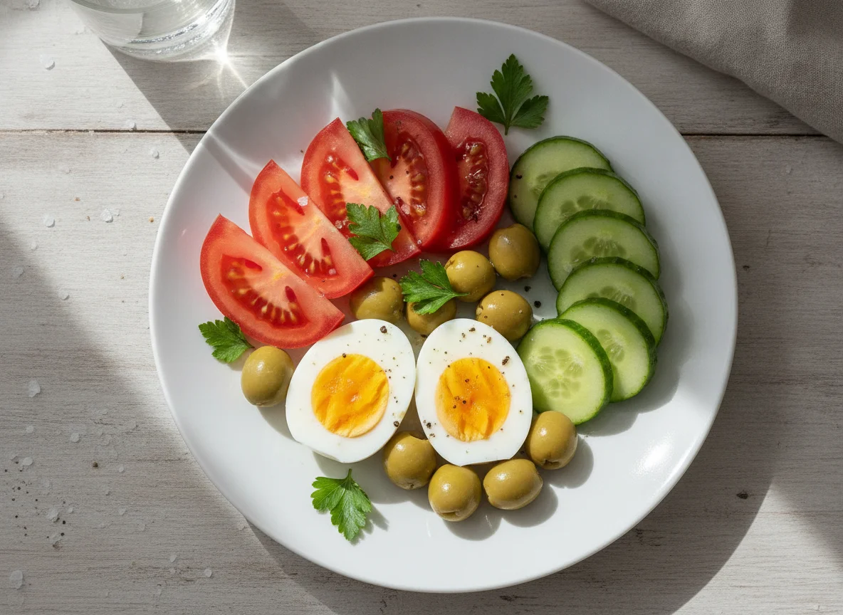 Boiled eggs with tomato, cucumber and olives photo
