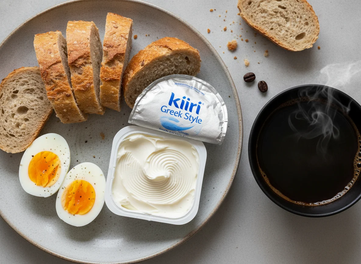 Boiled eggs with whole wheat baguette and cream cheese photo