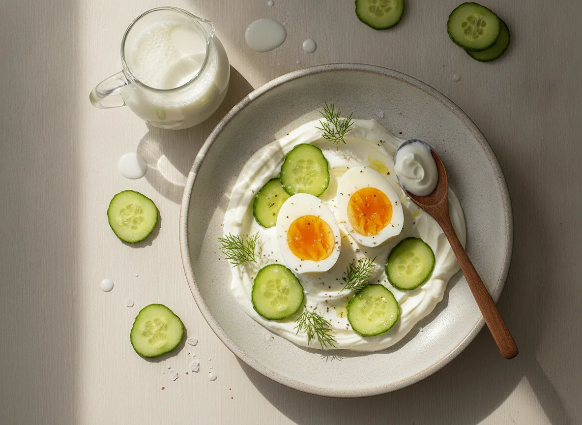Boiled eggs with yogurt, cucumber, and milk photo