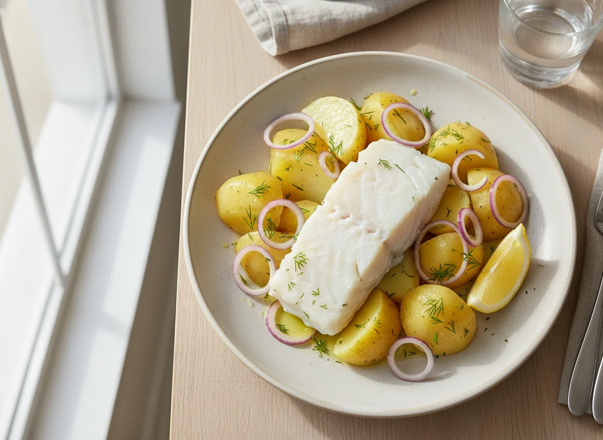 Boiled Fish with Potatoes and Red Onion photo