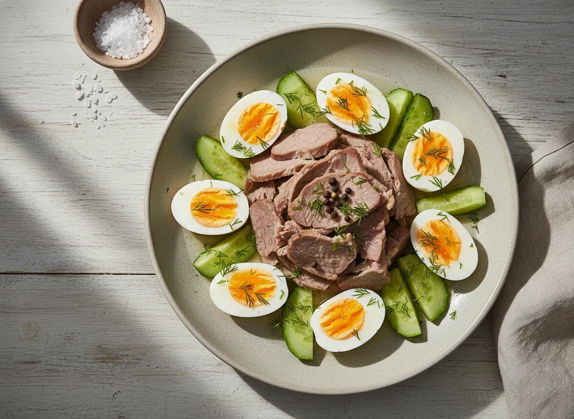 Boiled Meat with Eggs and Cucumber photo