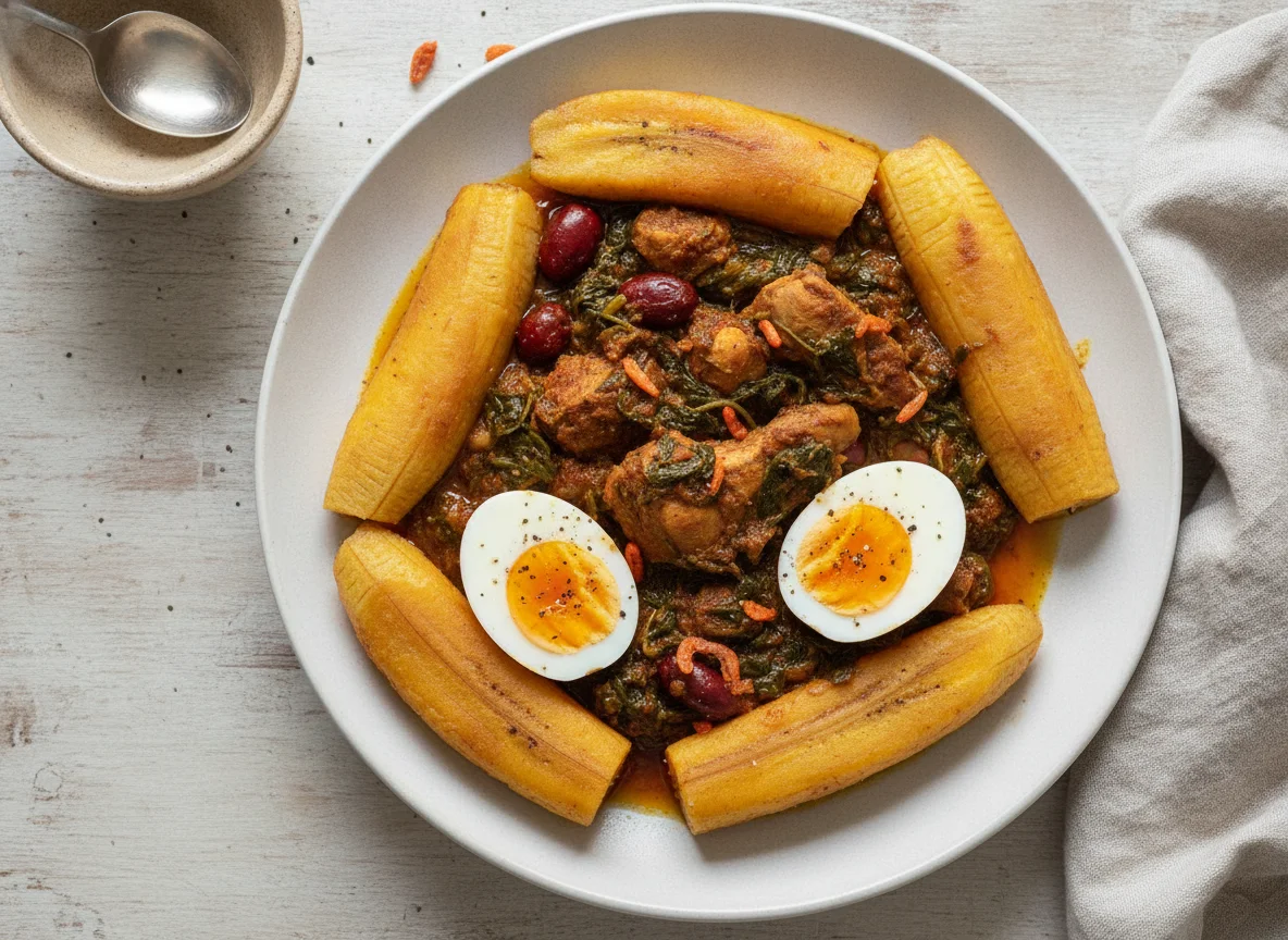 Boiled Plantain with Kontomire Stew and Eggs photo