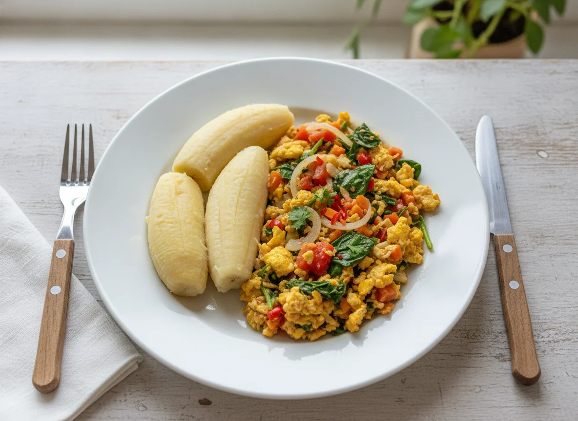 Boiled Plantain with Scrambled Egg Sauce photo