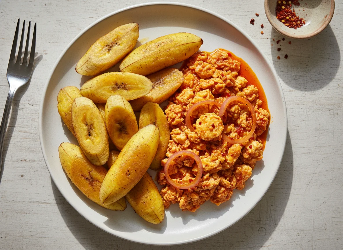 Boiled Plantain with Scrambled Egg Stew photo