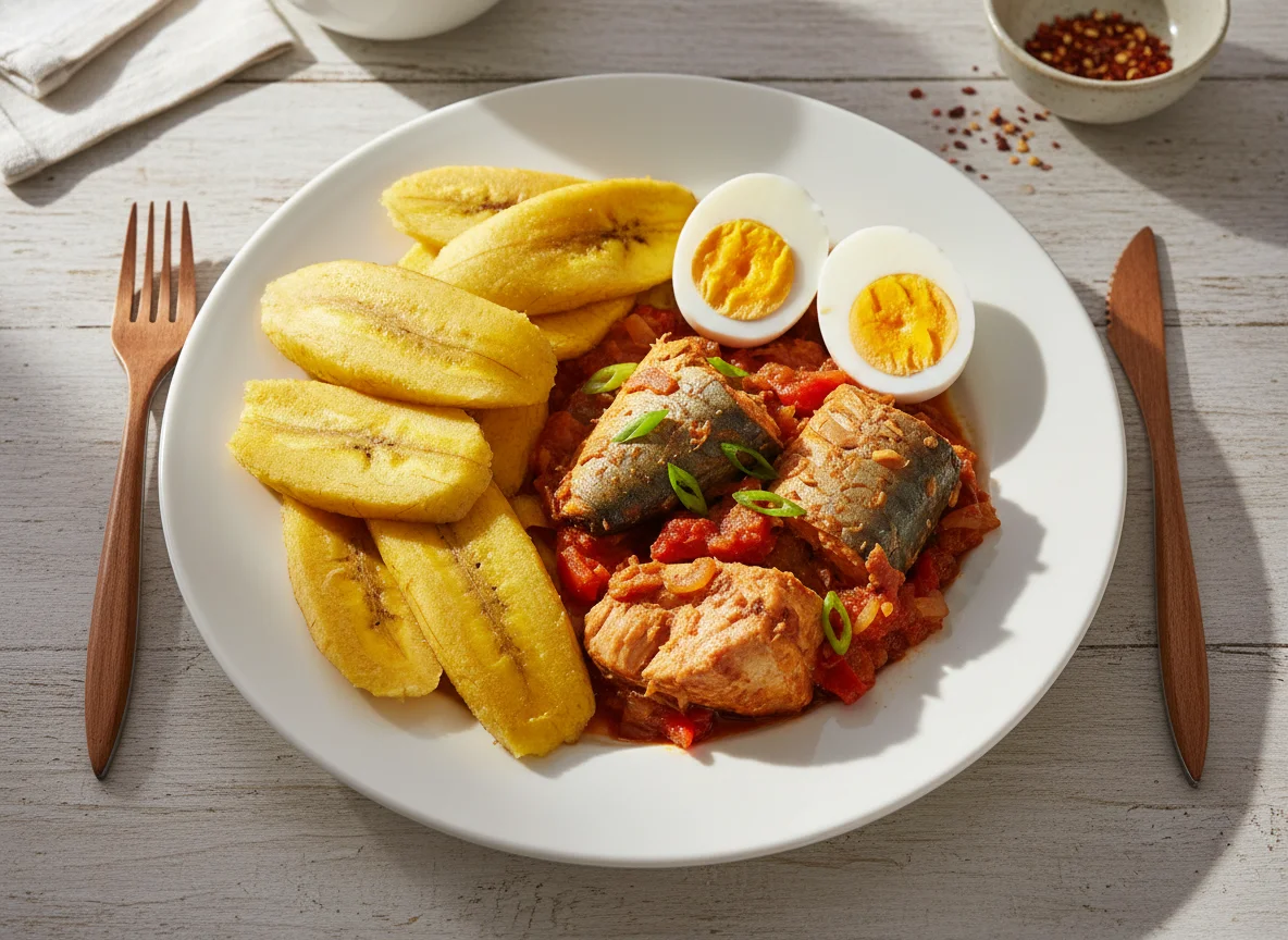 Boiled Plantain with Stew and Egg photo