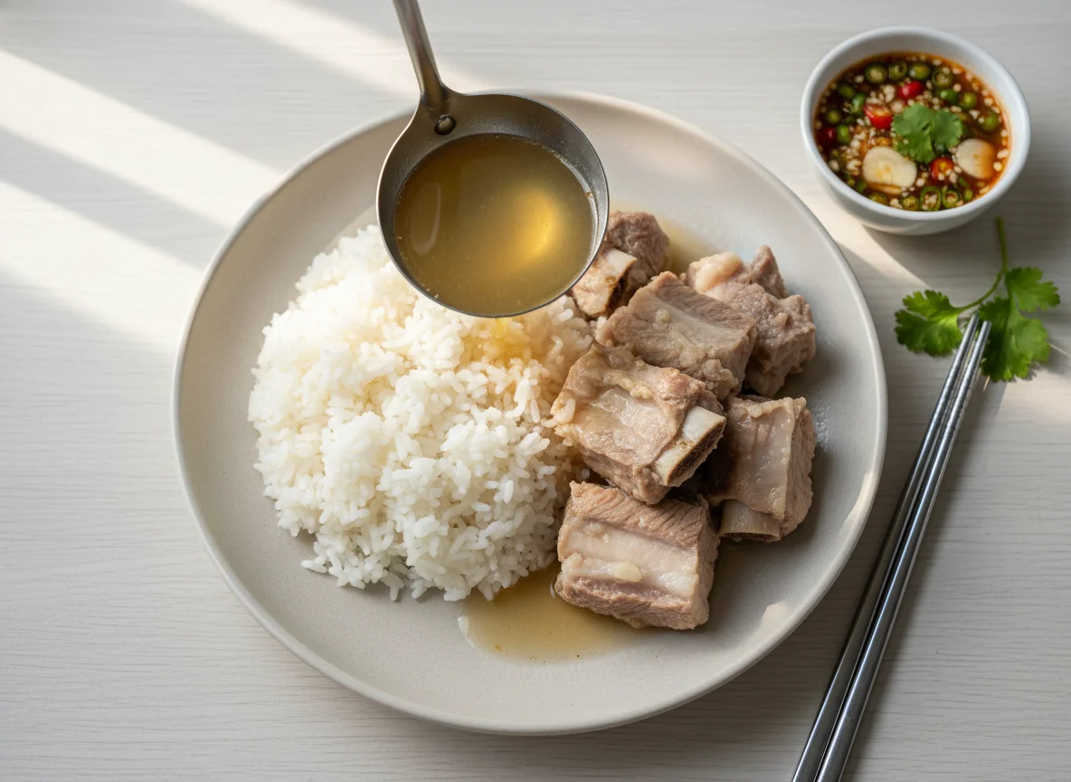 Boiled Pork Ribs with Rice and Spicy Dipping Sauce photo