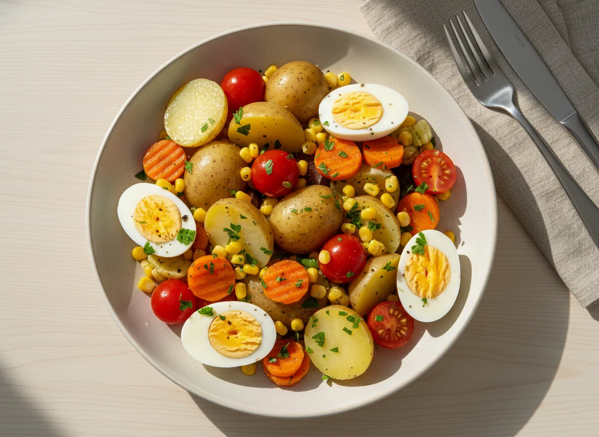 Boiled Potatoes and Vegetable Medley with Hard-Boiled Eggs photo
