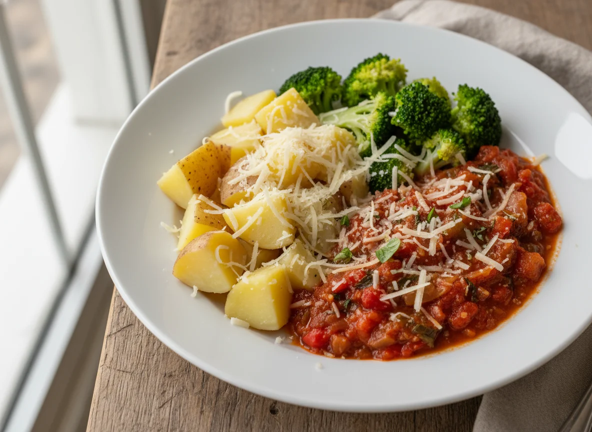Boiled Potatoes, Broccoli, Tomato Sauce, and Cheese photo