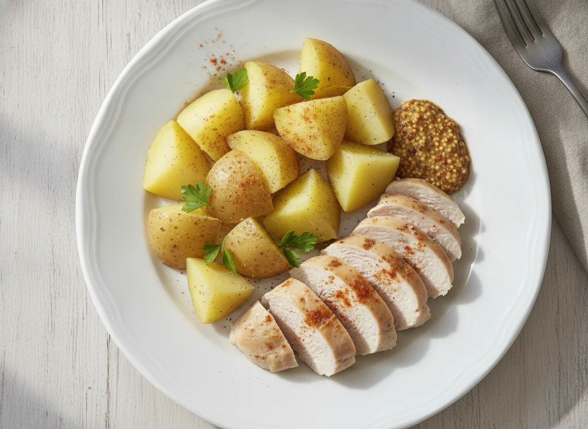 Boiled potatoes with chicken breast and mustard photo