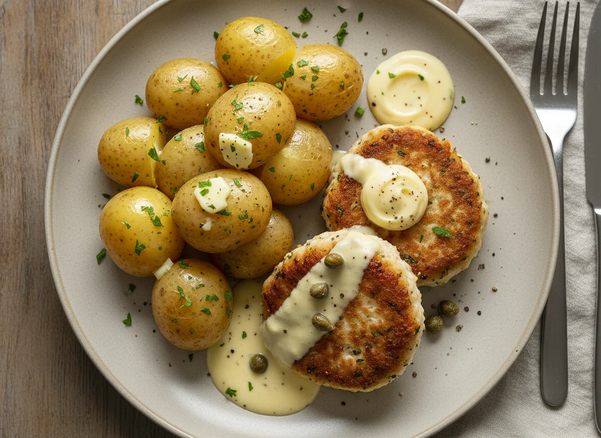 Boiled Potatoes with Chicken Patties and Sauce photo