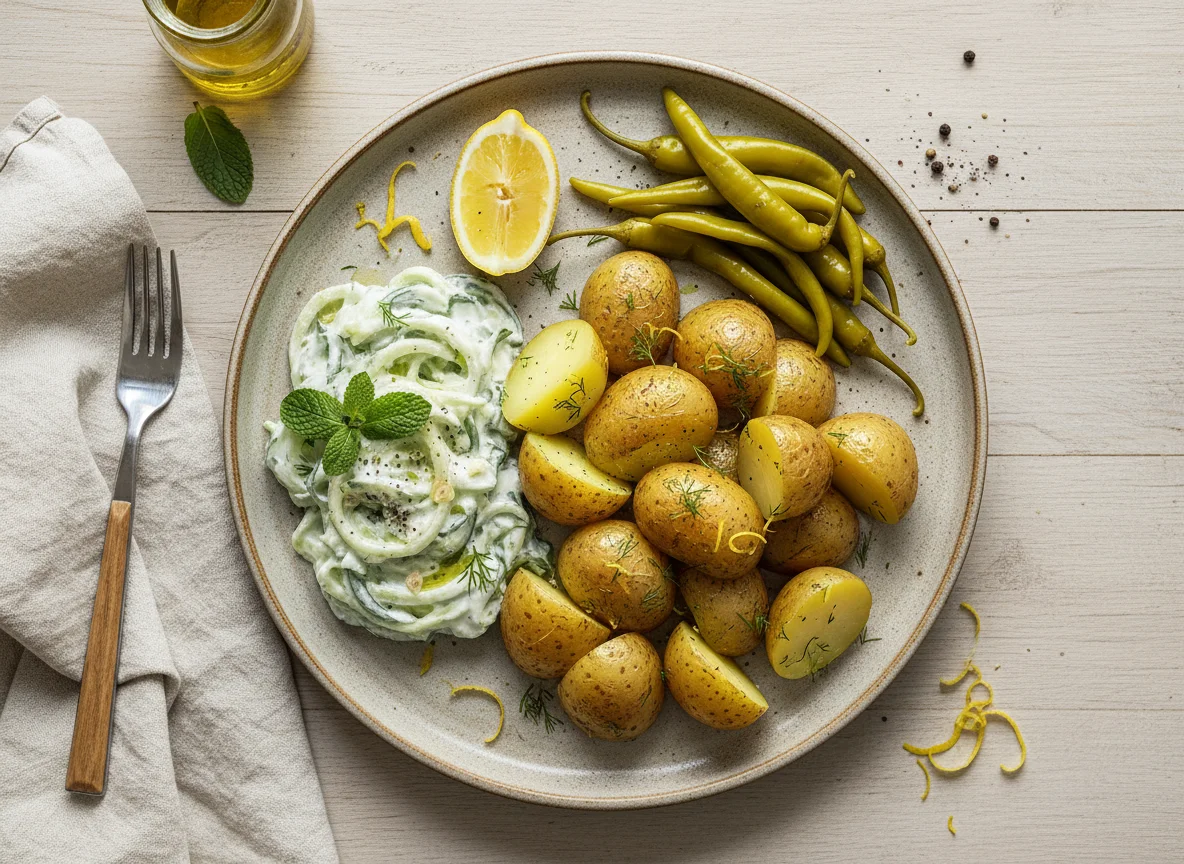 Boiled Potatoes with Cucumber Yogurt Salad and Pickled Peppers photo