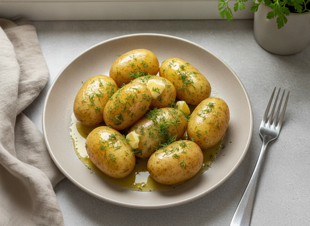Boiled potatoes with dill and butter photo