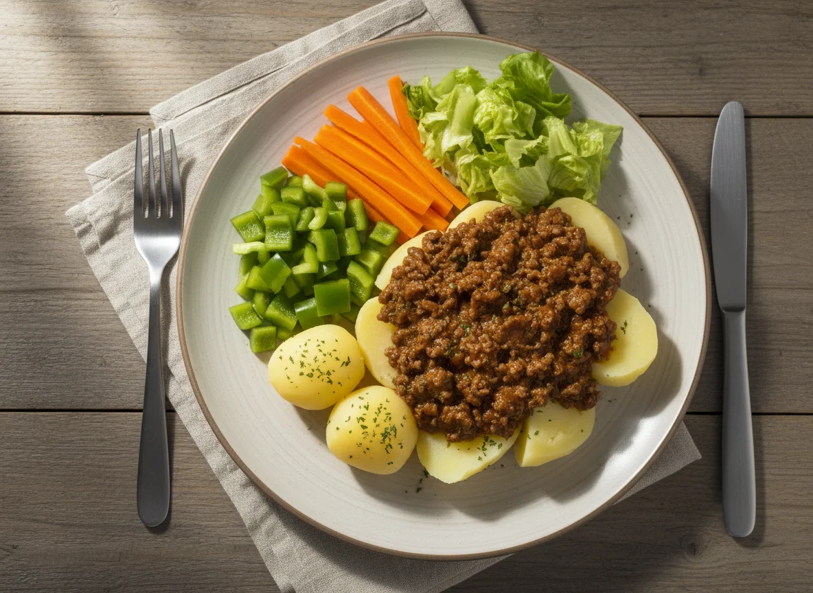Boiled Potatoes with Meat Sauce and Vegetables photo