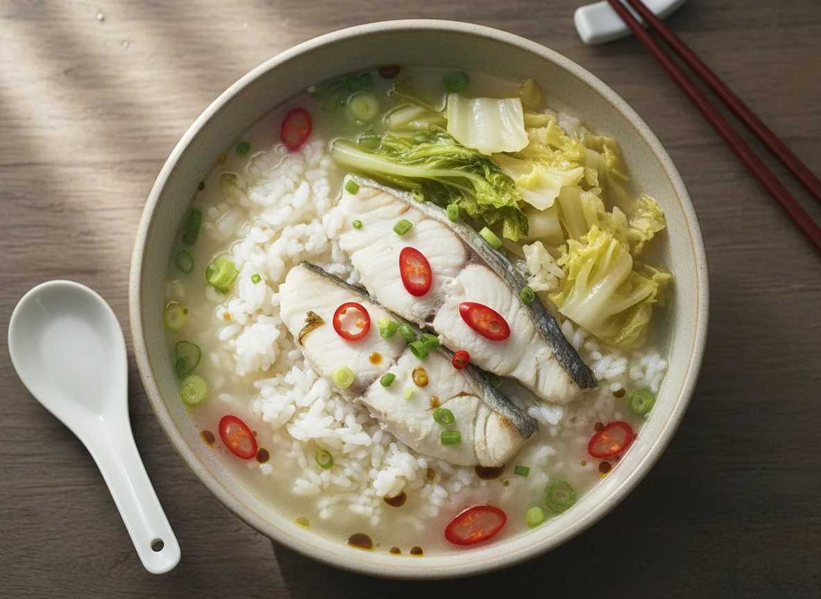 Boiled Rice with Pickled Cabbage and Fish photo