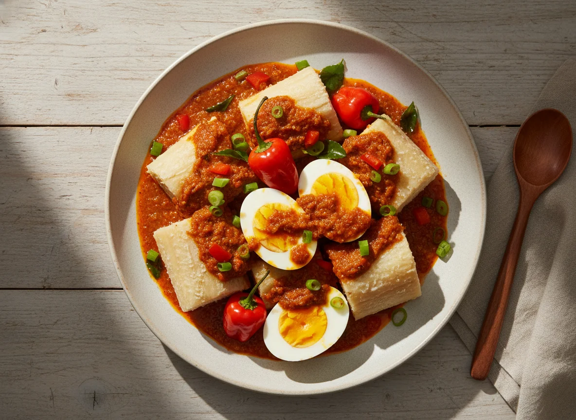 Boiled Root Vegetable with Eggs and Palm Oil Sauce photo