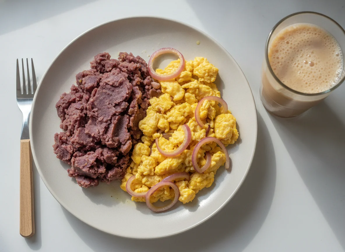 Boiled Sweet Potato with Scrambled Eggs and Onions photo