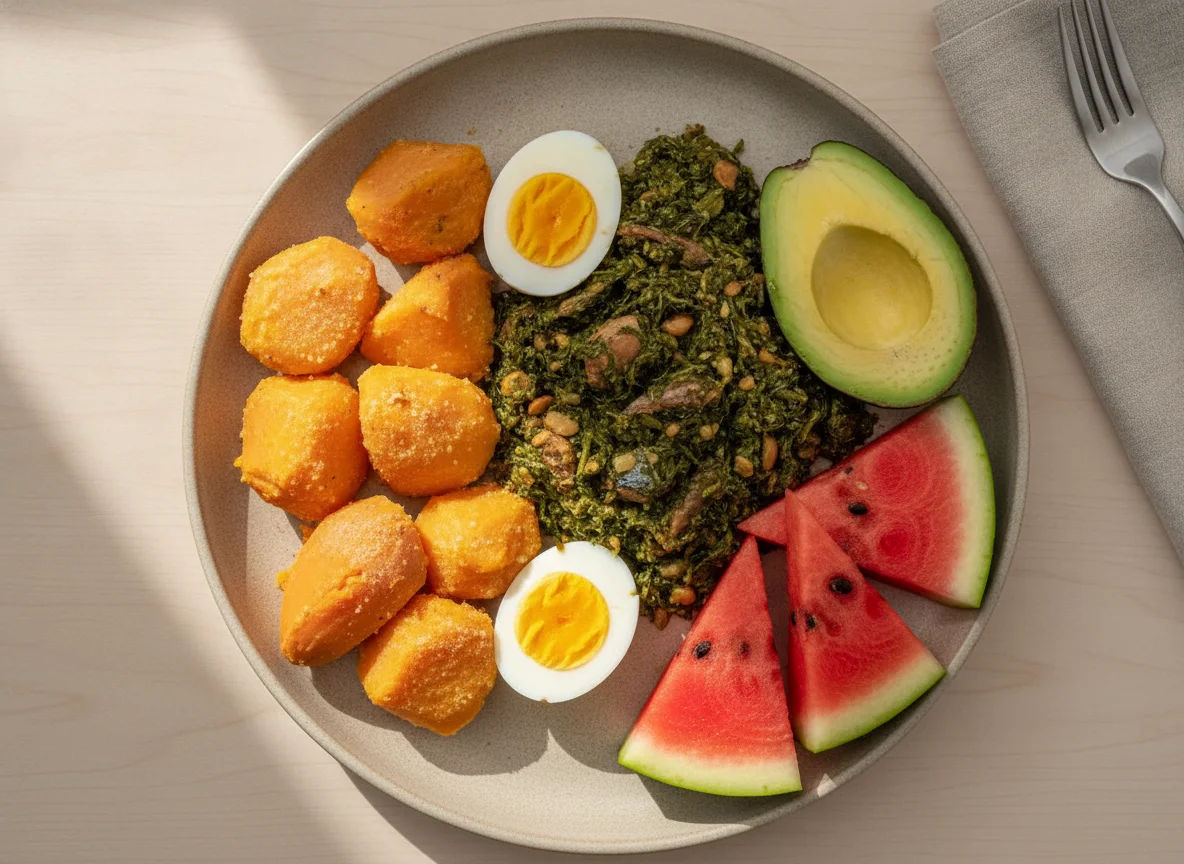 Boiled sweet potatoes with Ndole, eggs, avocado and watermelon photo