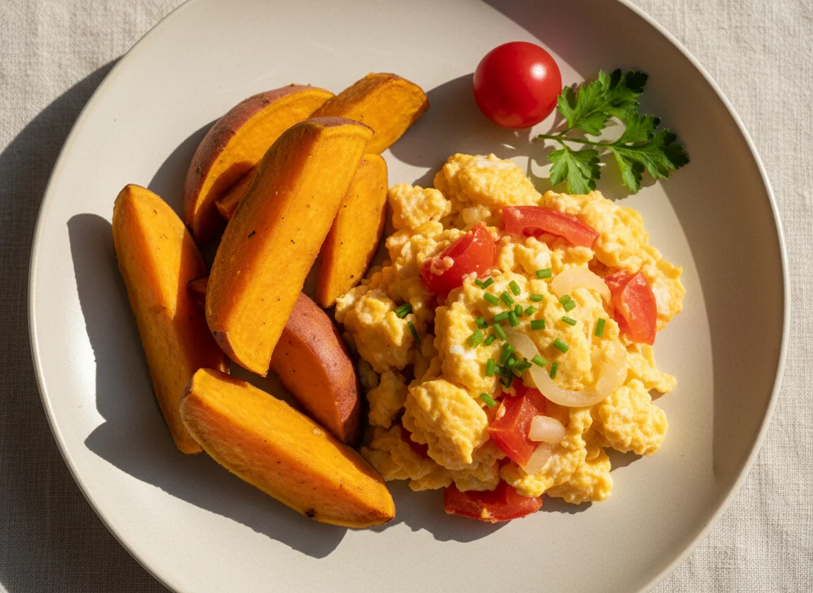 Boiled Sweet Potatoes with Scrambled Eggs photo