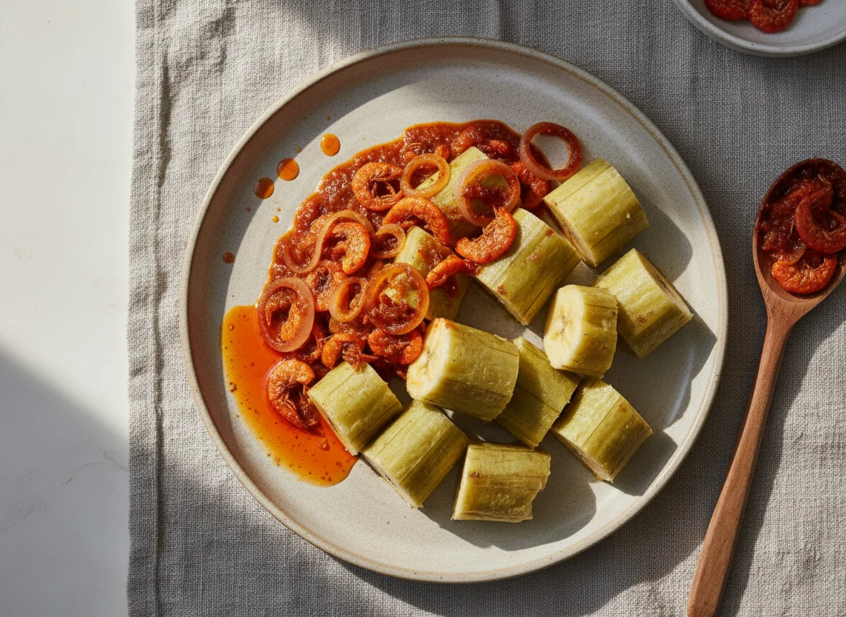 Boiled Unripe Plantain with Palm Oil Crayfish Sauce photo