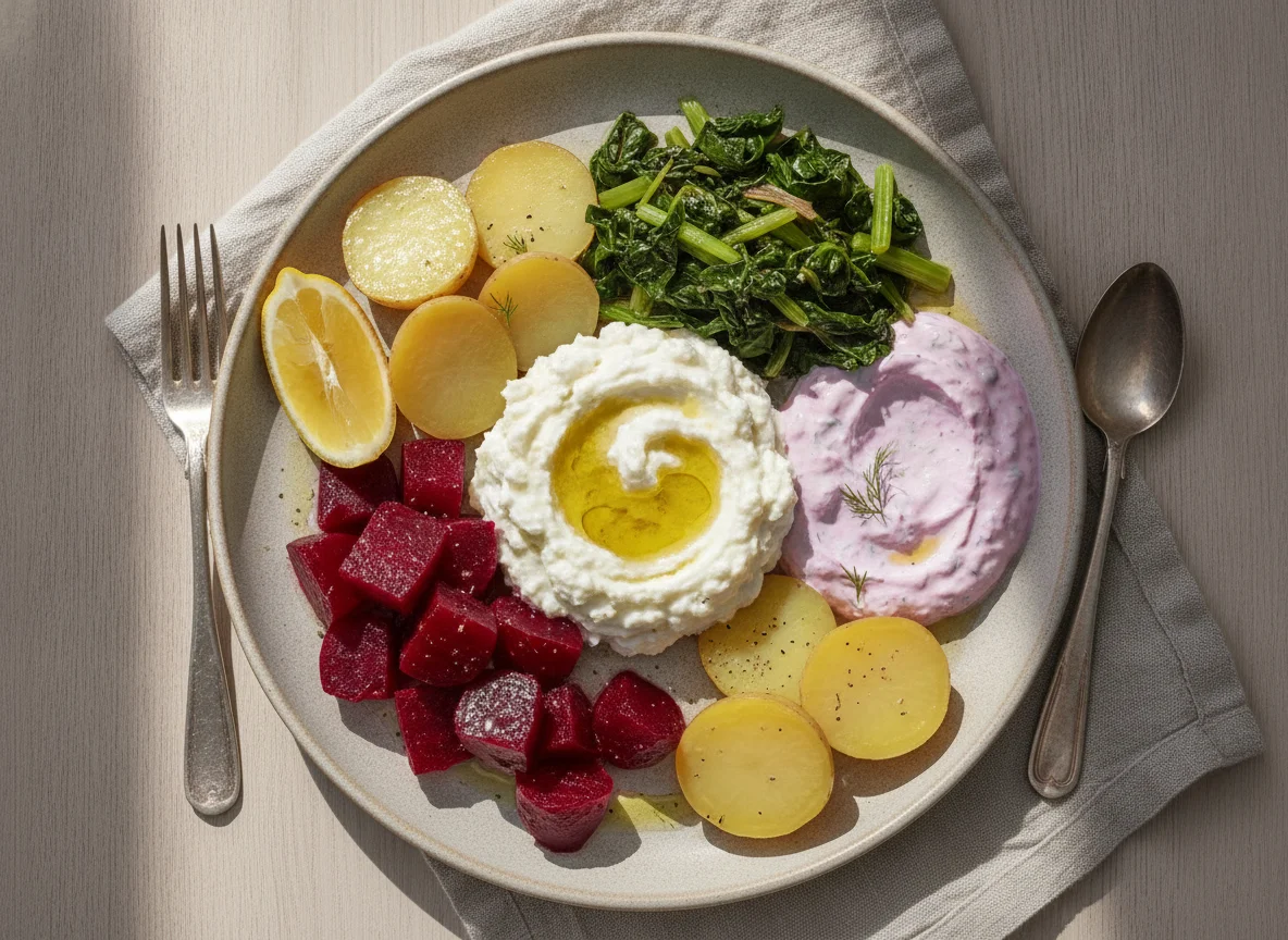 Boiled vegetables with beetroot and skordalia photo