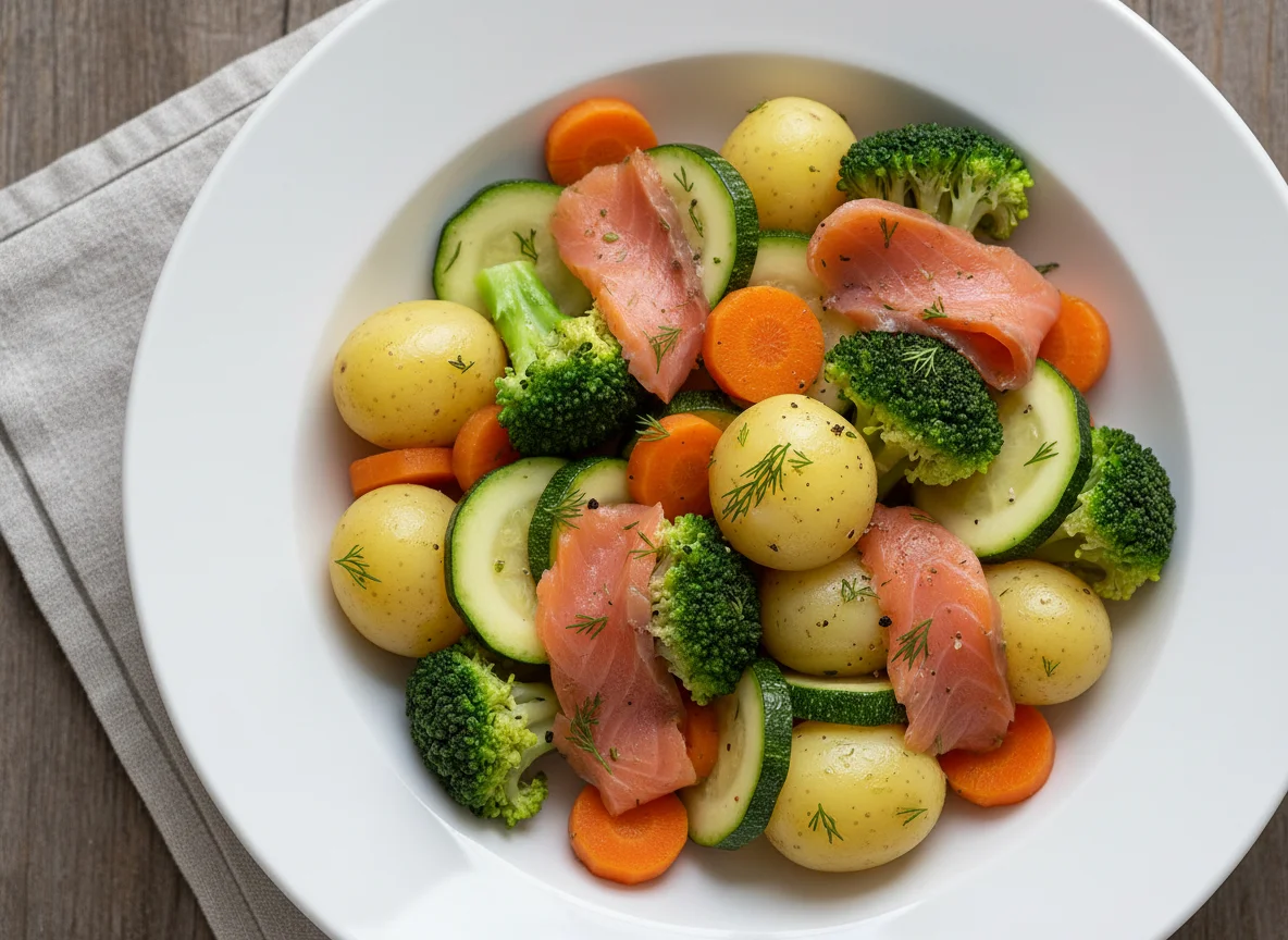 Boiled Vegetables with Smoked Salmon photo