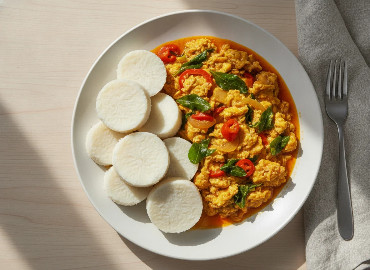 Boiled Yam and Egg Sauce with Vegetables photo