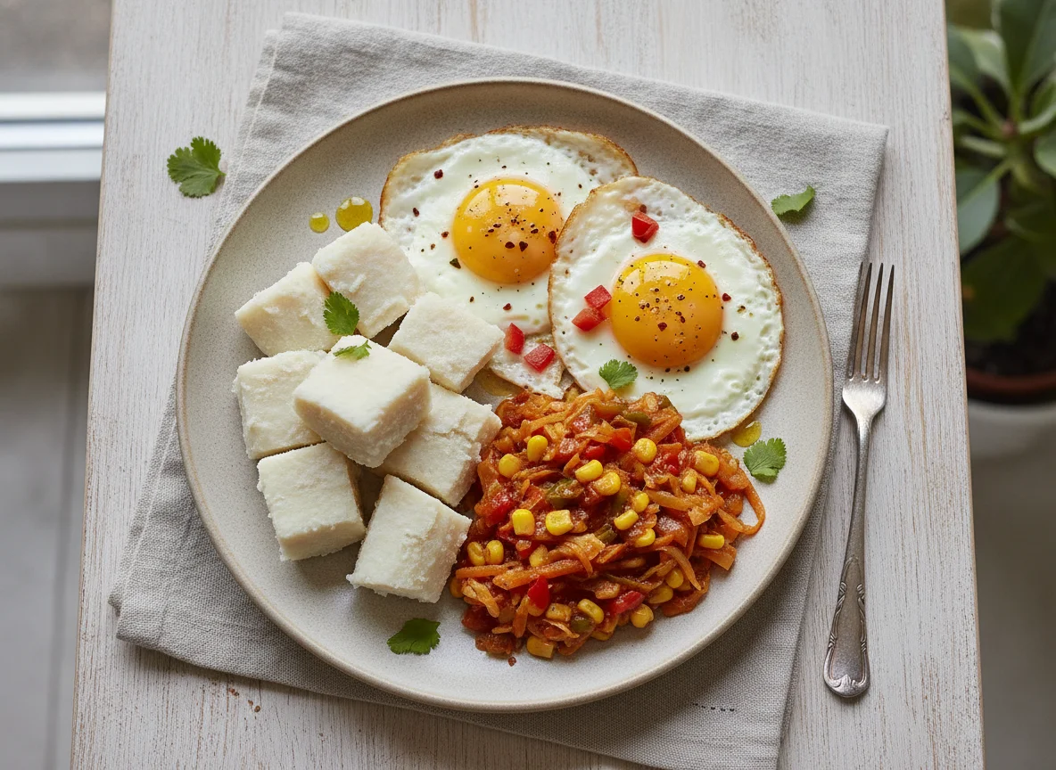 Boiled Yam with Fried Egg and Vegetable Sauce photo