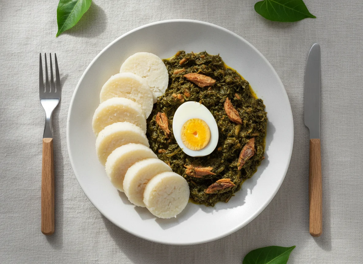 Boiled Yam with Kontomire Stew and Egg photo