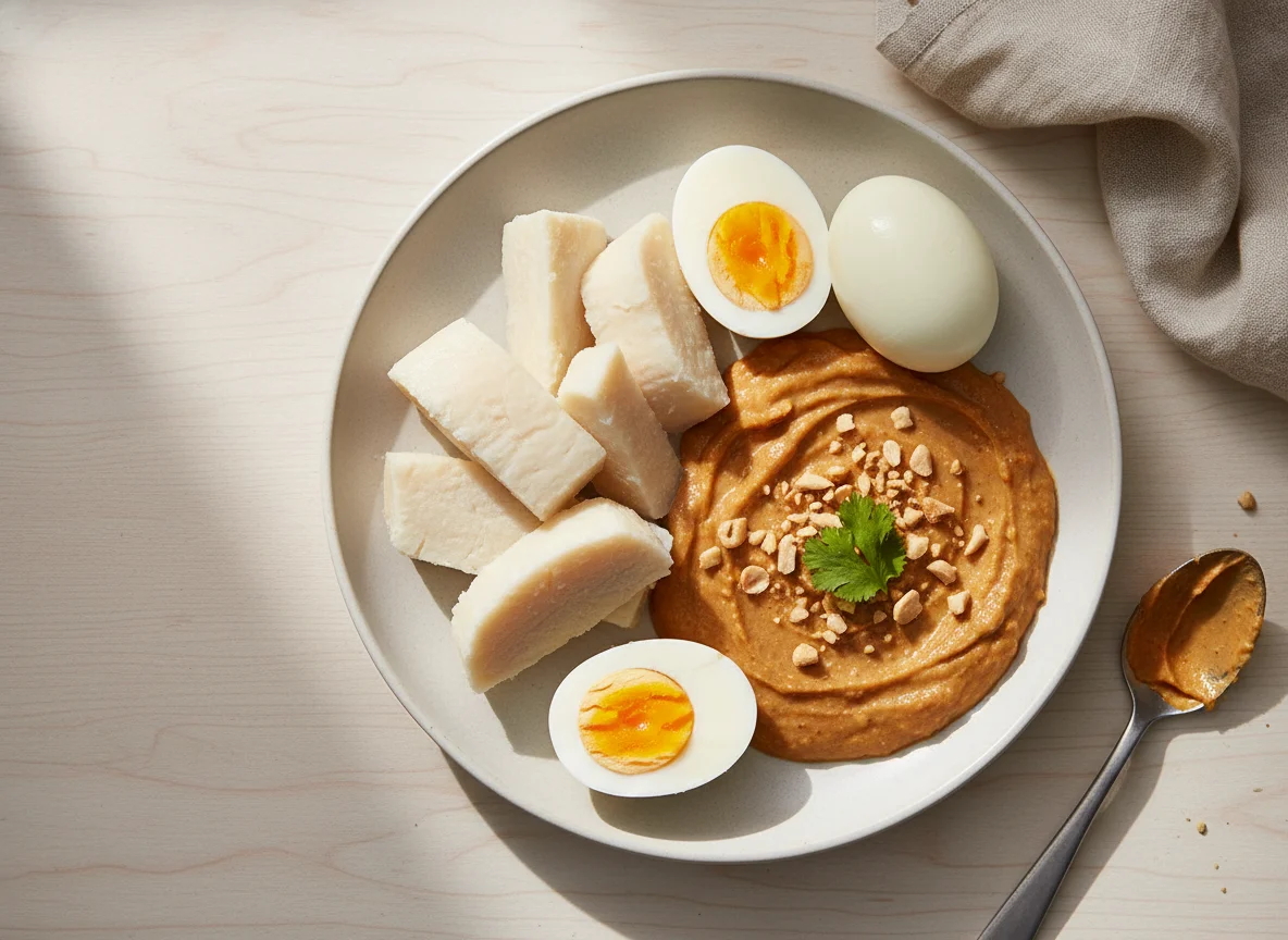 Boiled Yam with Peanut Sauce and Boiled Eggs photo