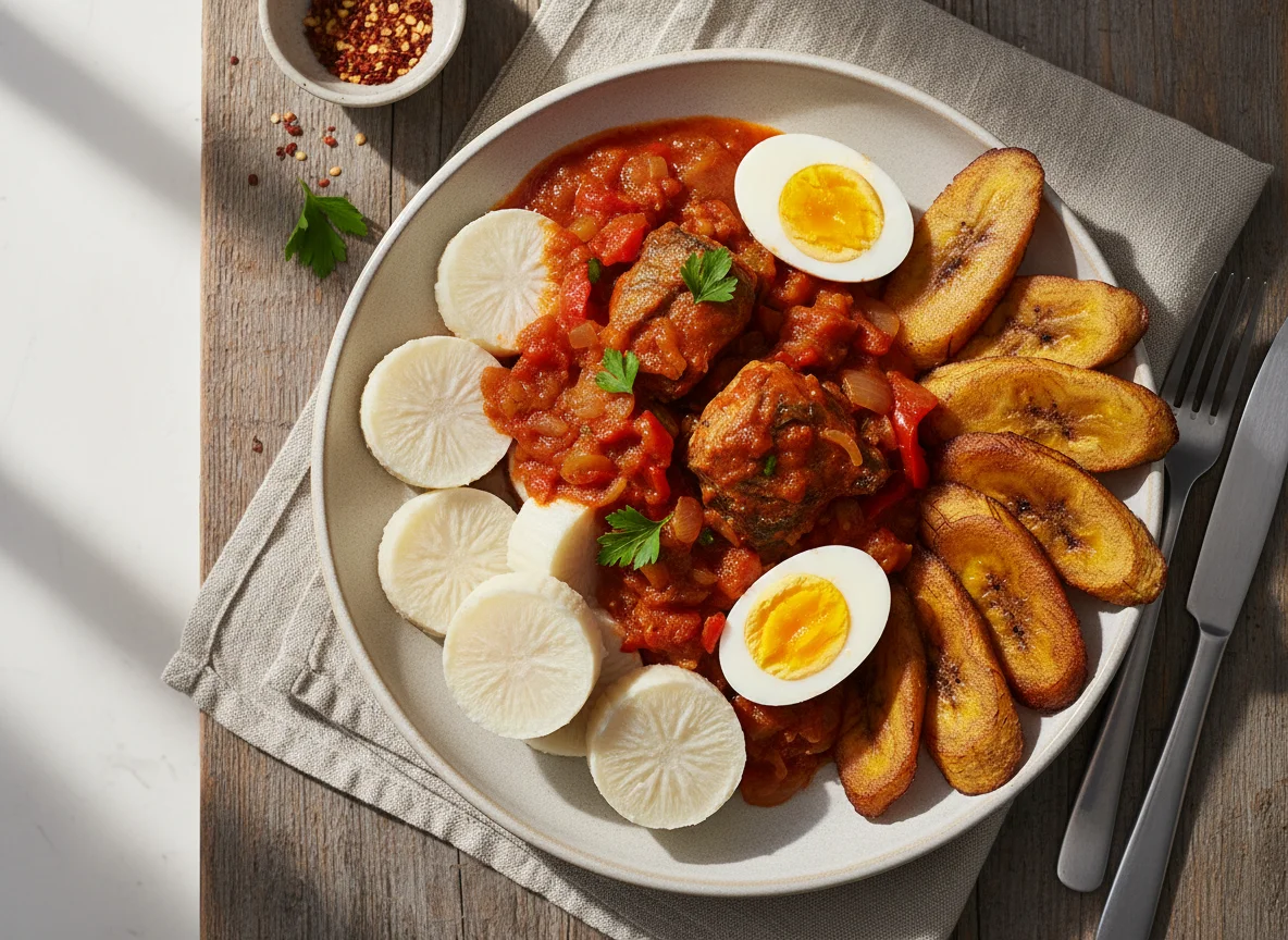 Boiled Yam with Sauce, Eggs, and Fried Plantains photo
