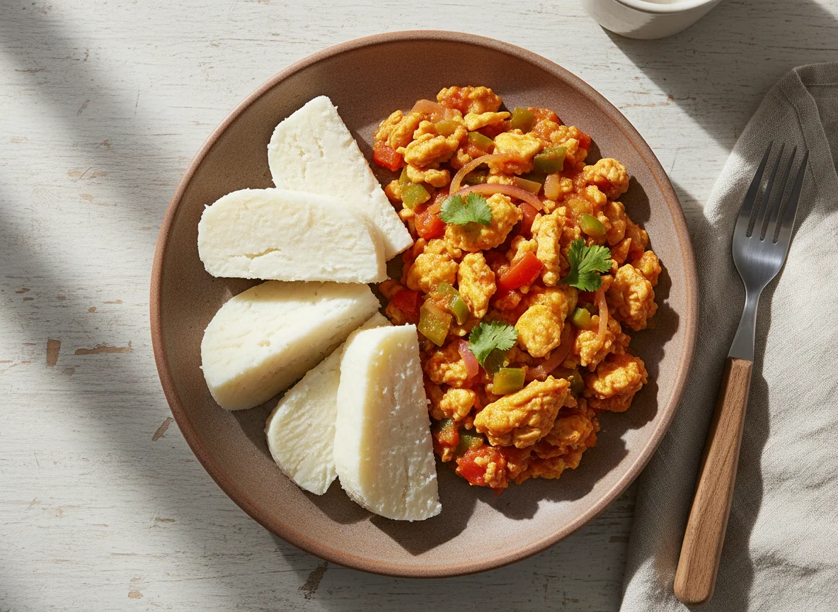 Boiled Yam with Scrambled Egg Stew photo