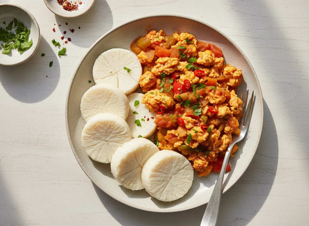 Boiled Yam with Scrambled Eggs and Stew photo