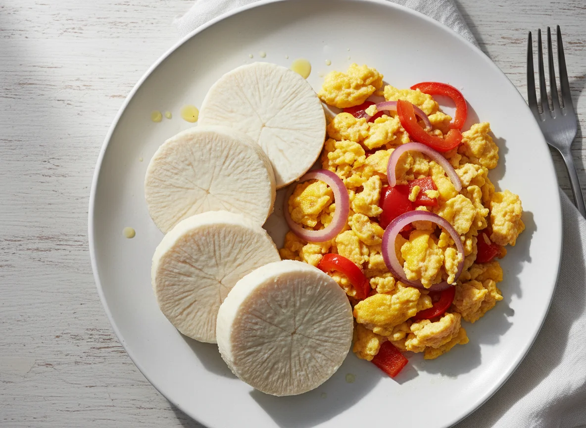Boiled Yam with Scrambled Eggs and Vegetables photo