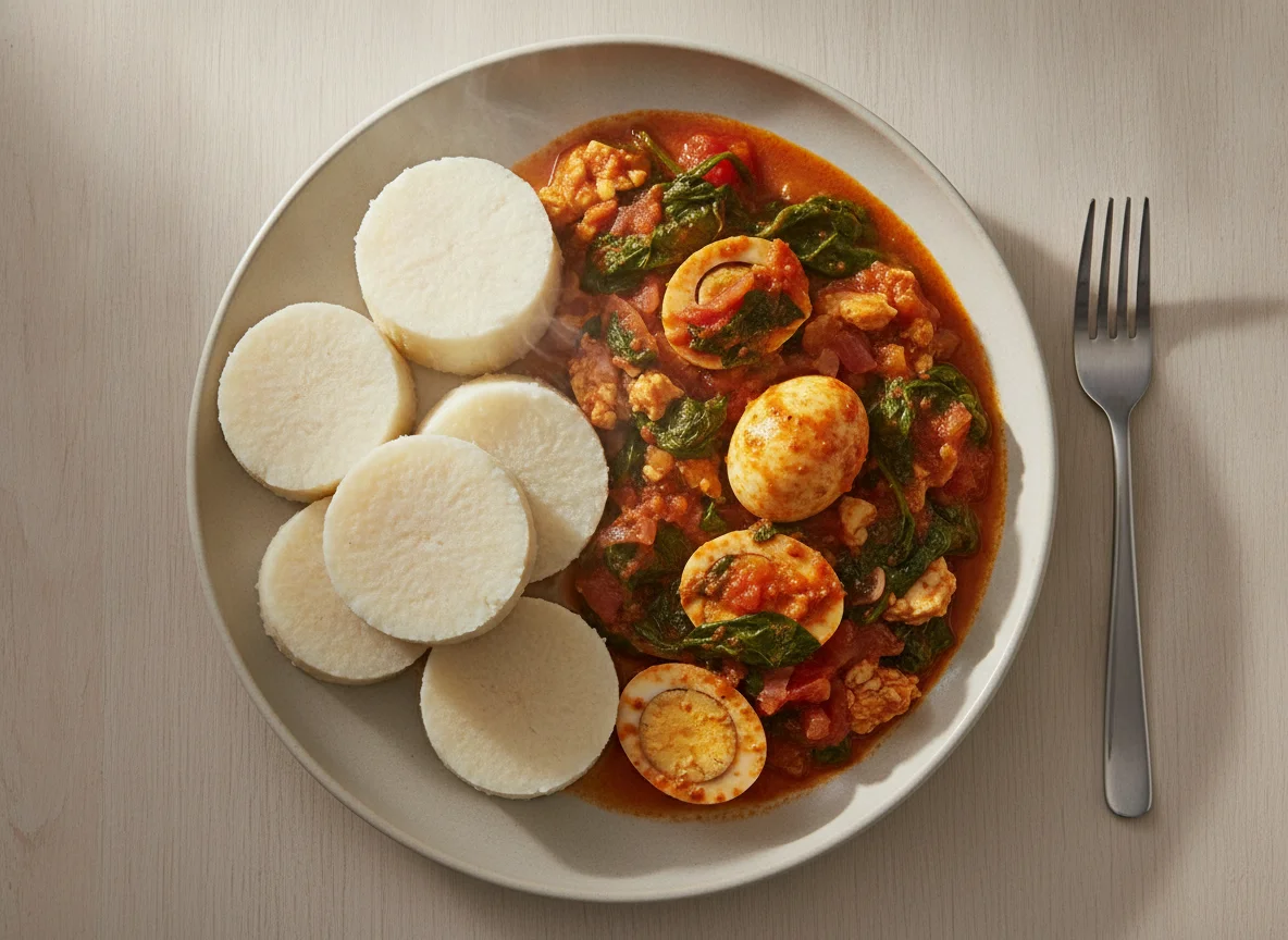 Boiled Yam with Spinach and Egg Stew photo