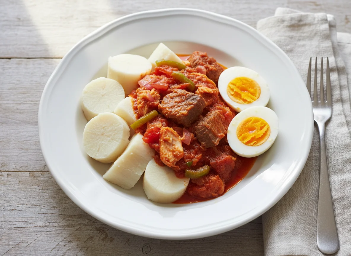 Boiled Yam with Stew and Eggs photo