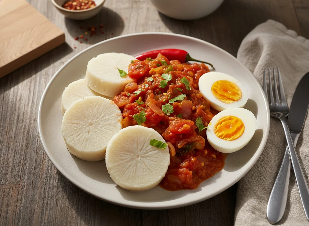 Boiled Yam with Tomato Stew and Hard-Boiled Eggs photo