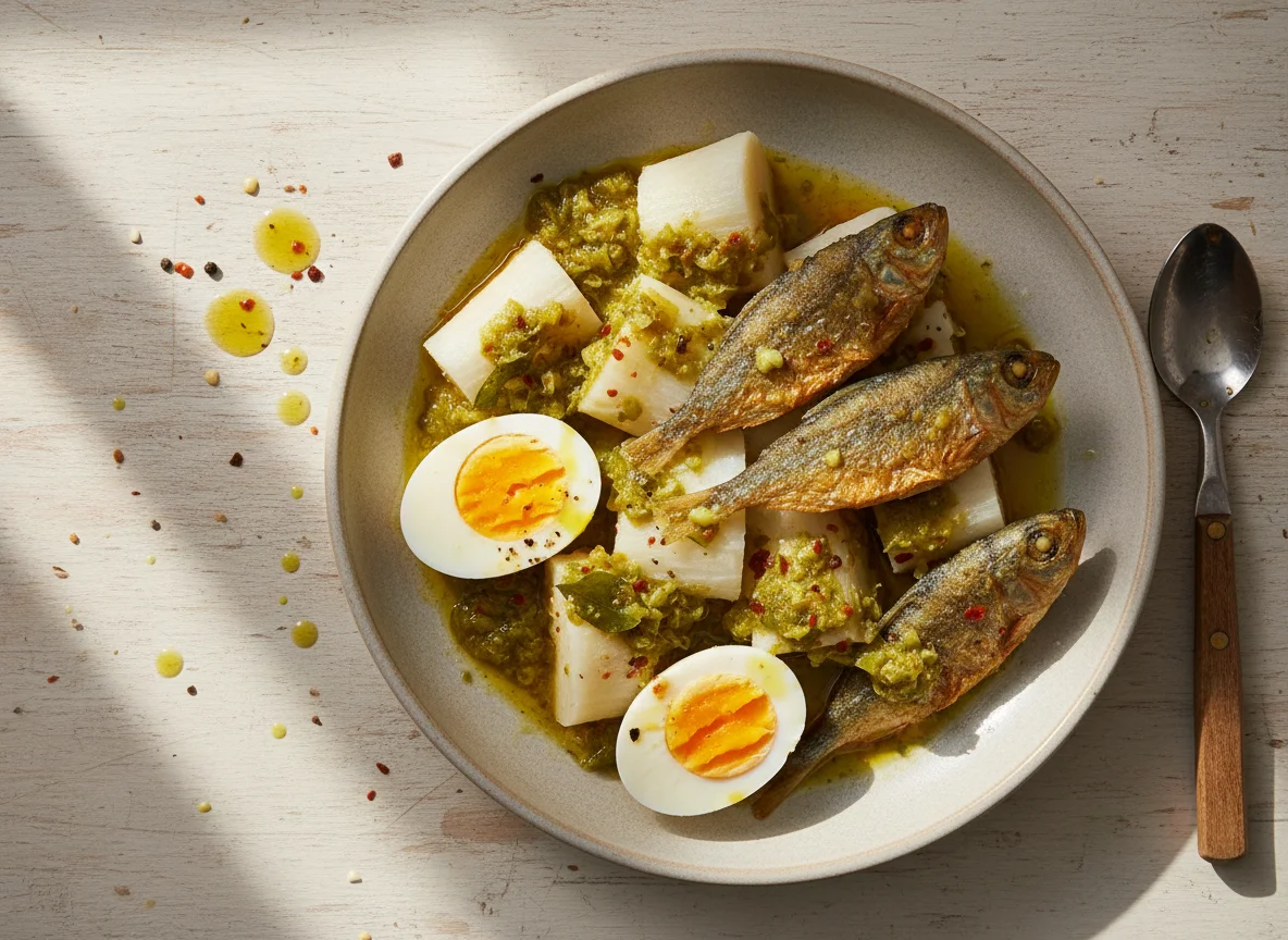 Boiled Yam/Cassava with Fish and Egg in Pepper Sauce photo