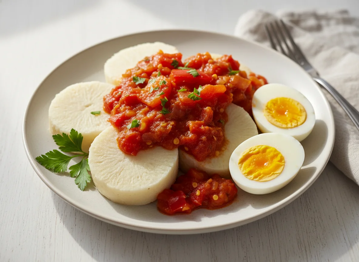 Boiled Yams with Stew and Hard-Boiled Eggs photo