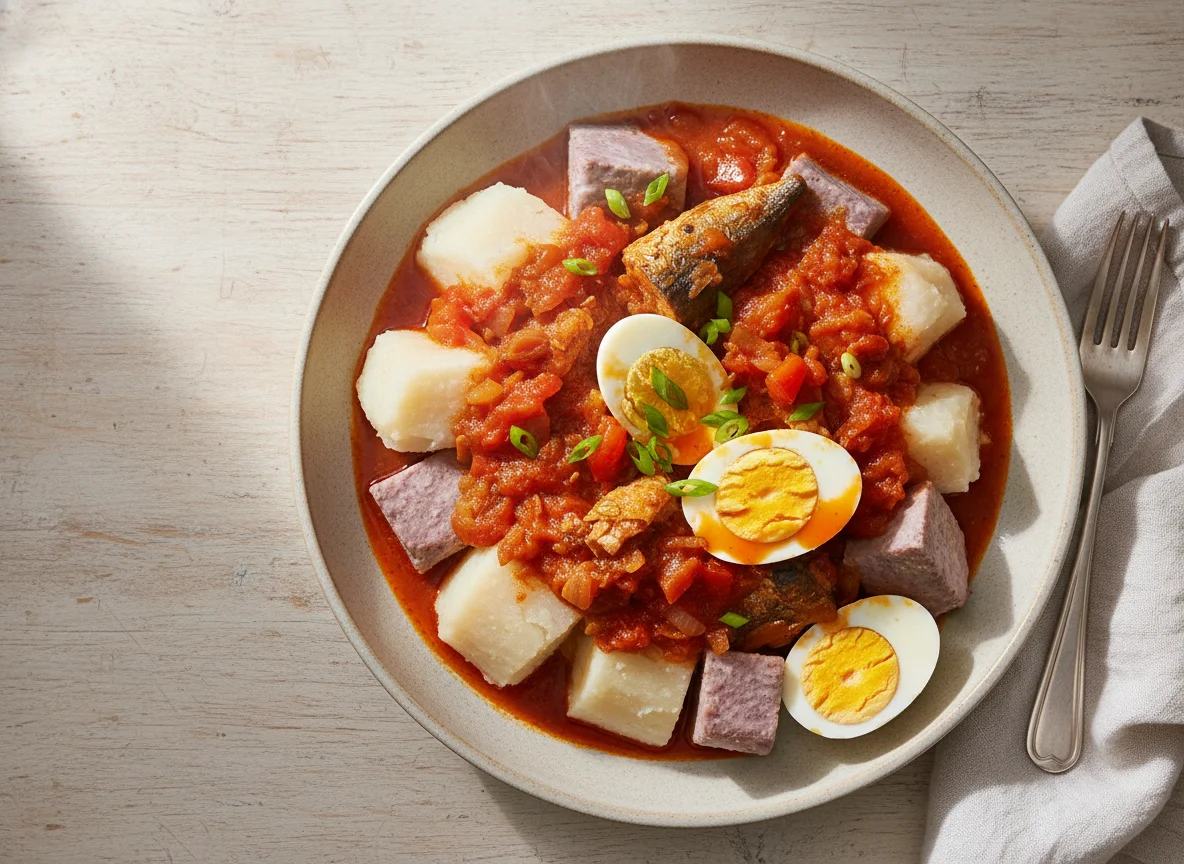 Boiled Yam/Taro with Stew and Eggs photo