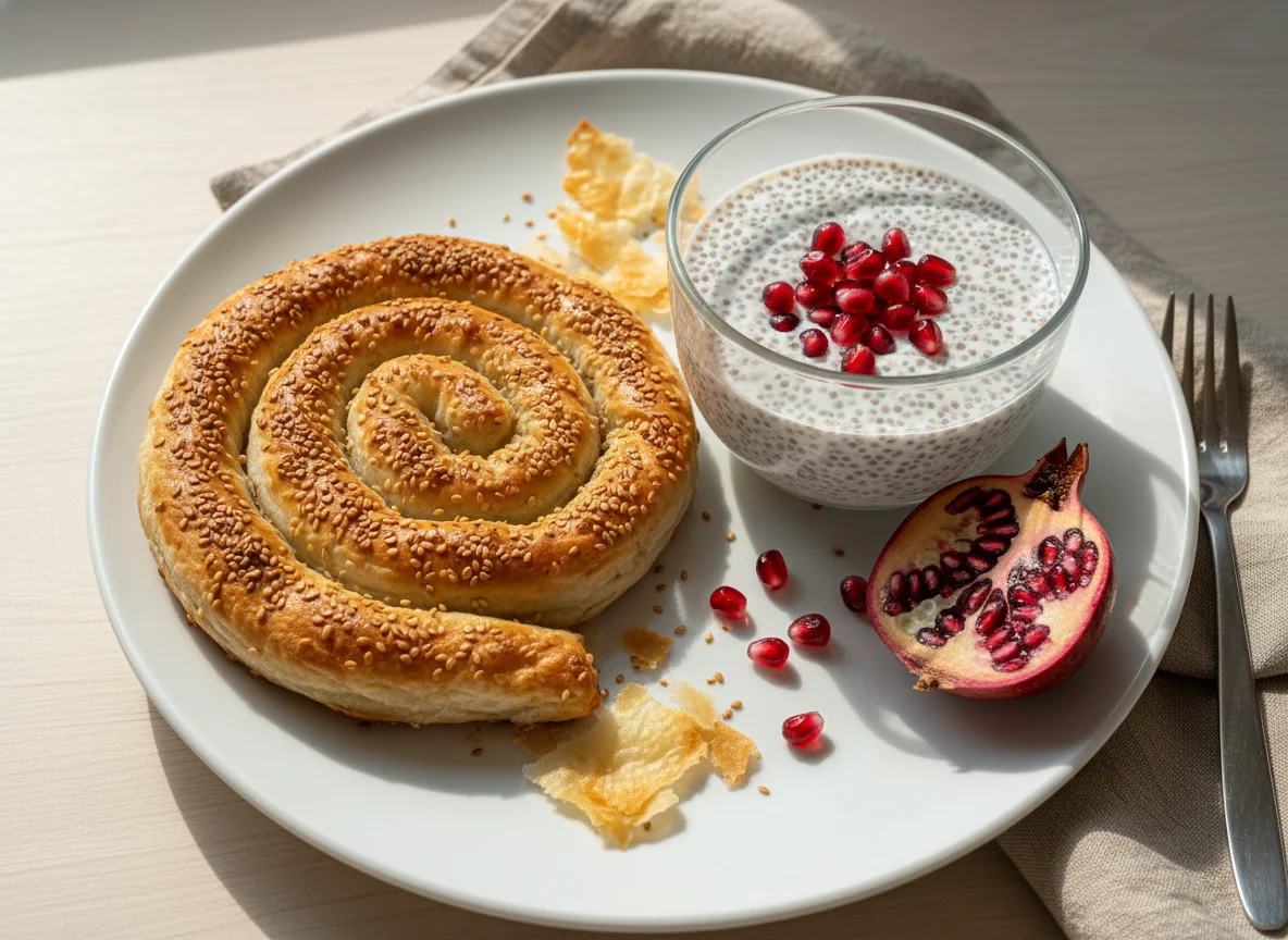 Borek and Chia Pudding with Pomegranate photo