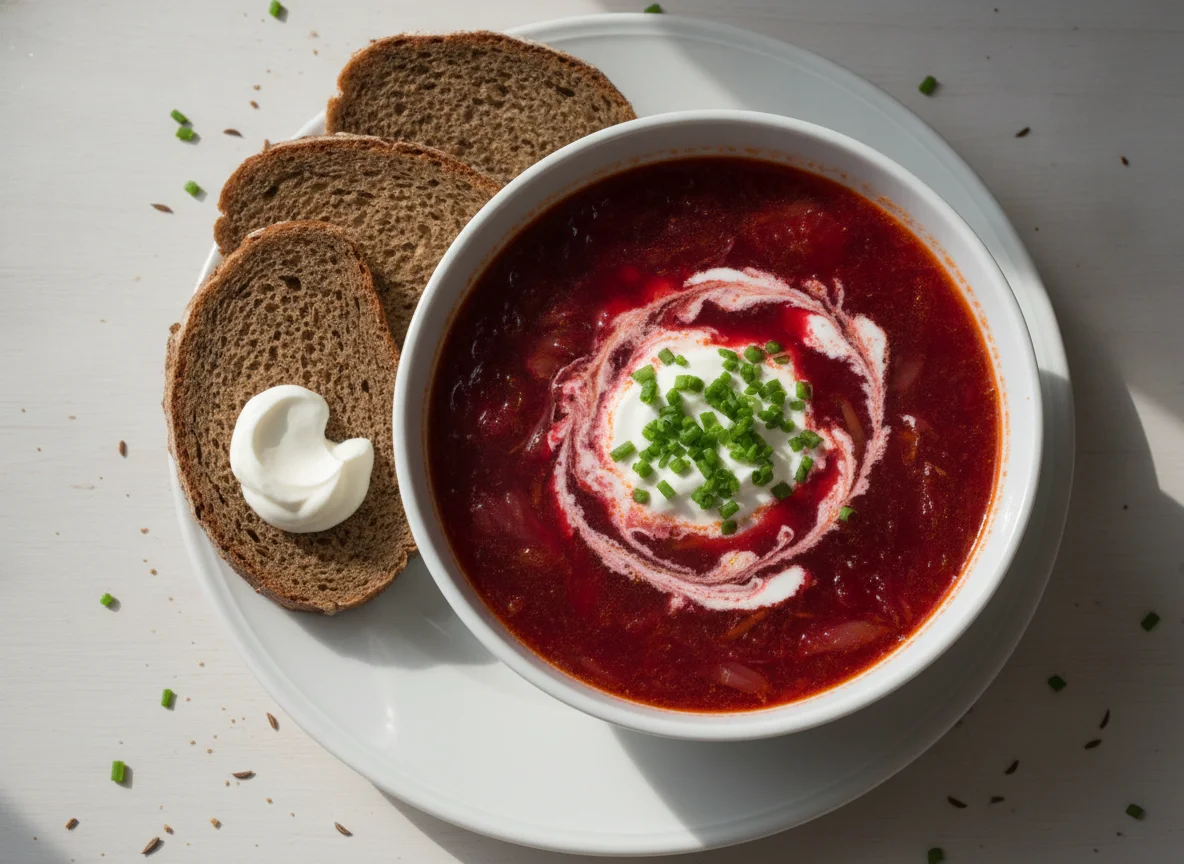 Borscht with rye bread and sour cream photo