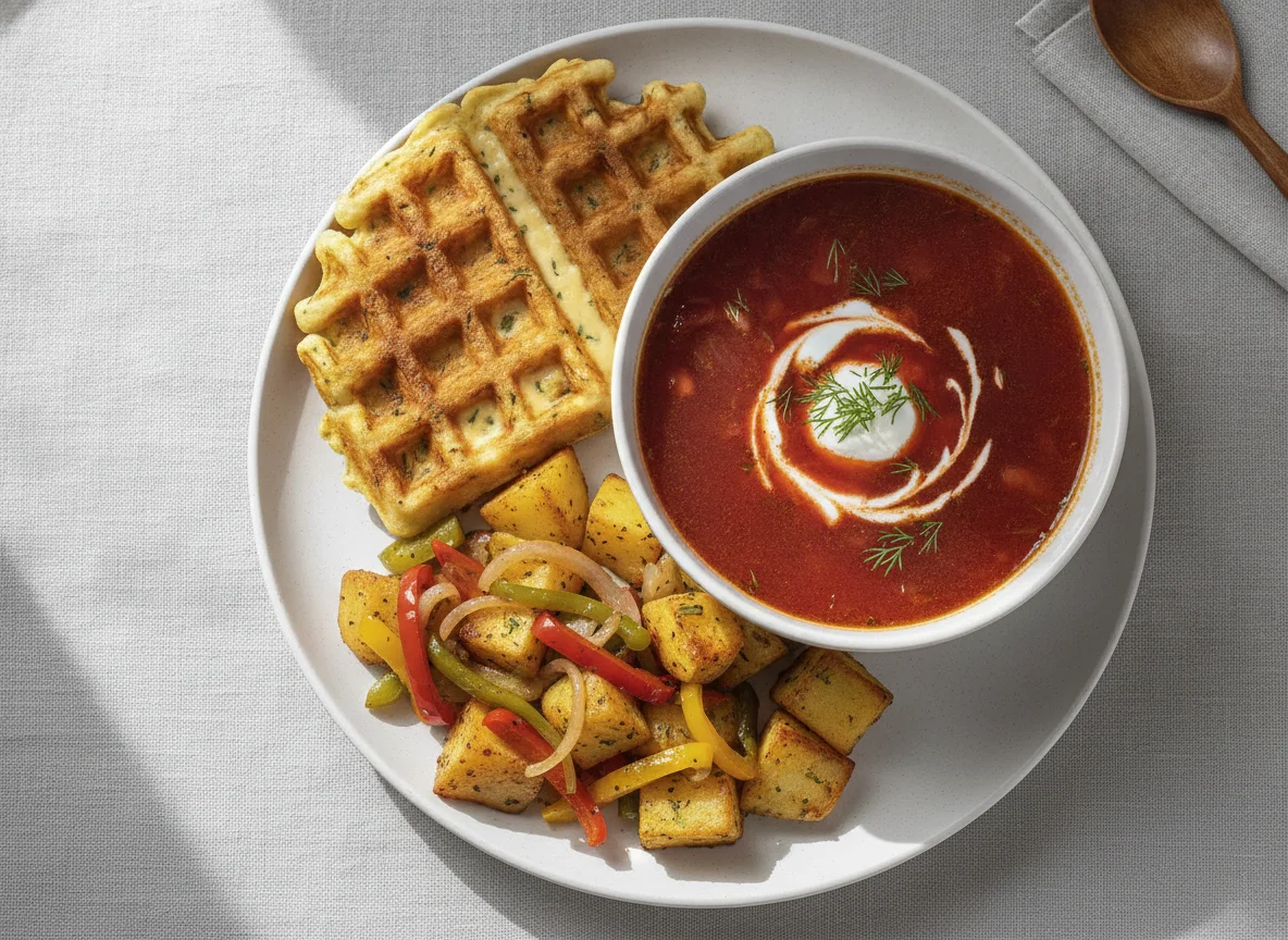Borscht with Savory Waffle and Stir-fry photo