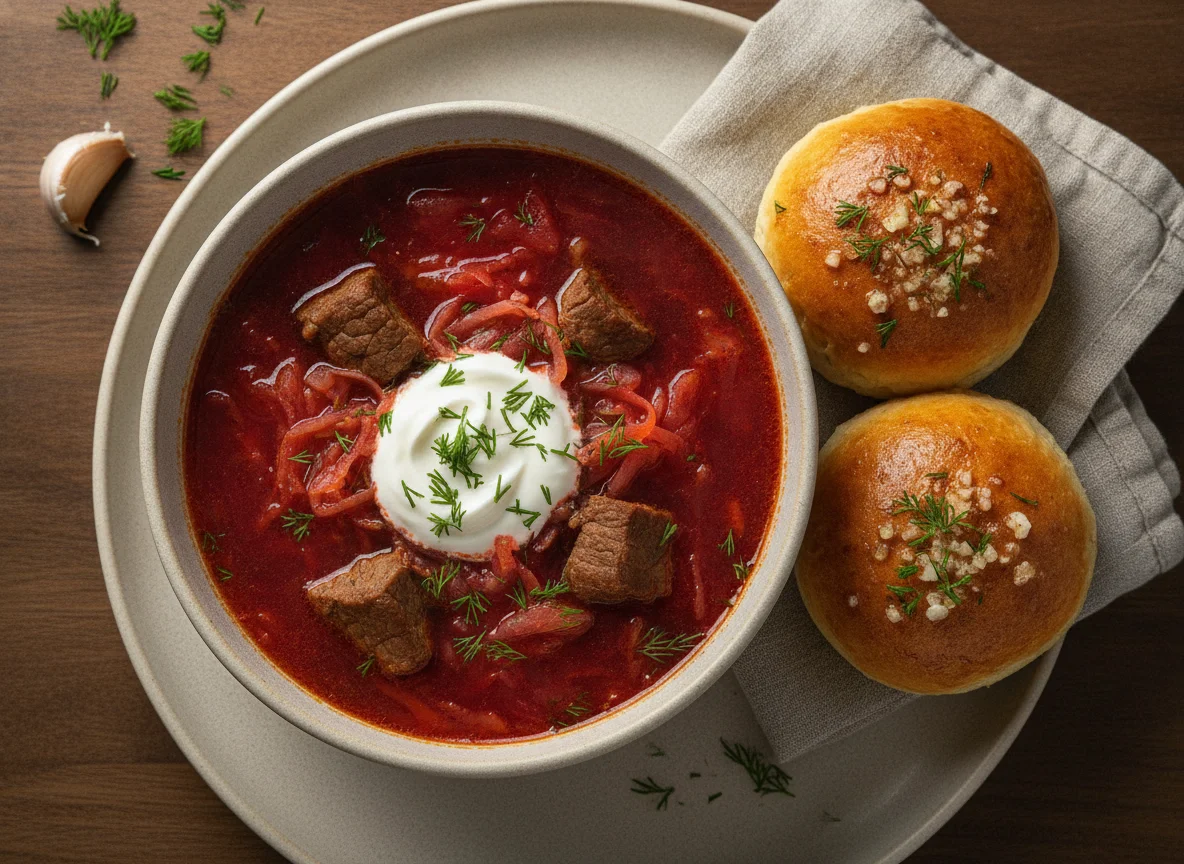 Borscht with Sour Cream and Bread photo