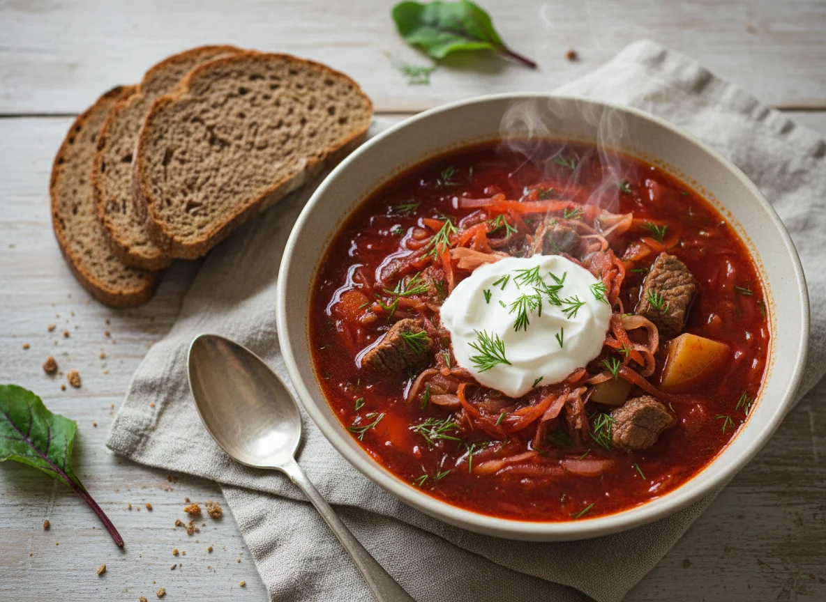 Borscht with Sour Cream and Rye Bread photo