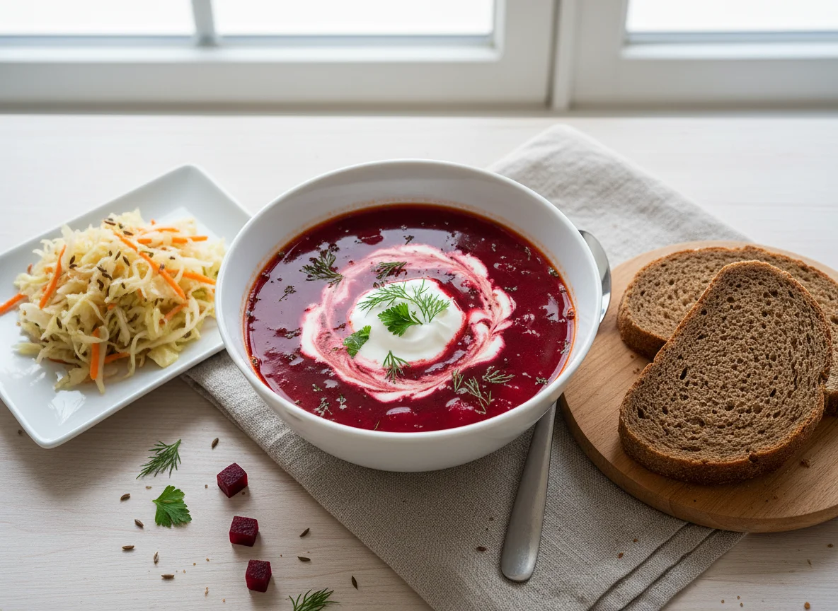 Borscht with sour cream, sauerkraut salad, and rye bread photo