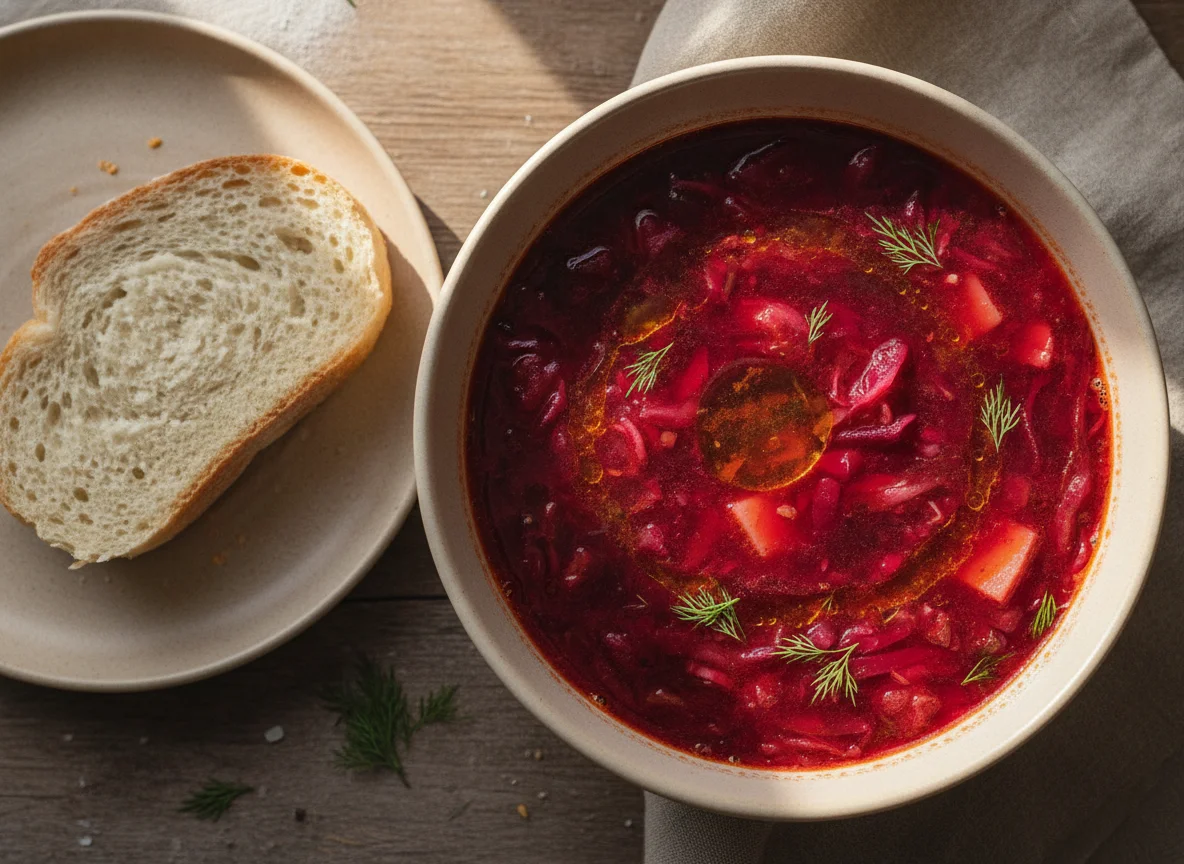Borscht with white bread photo